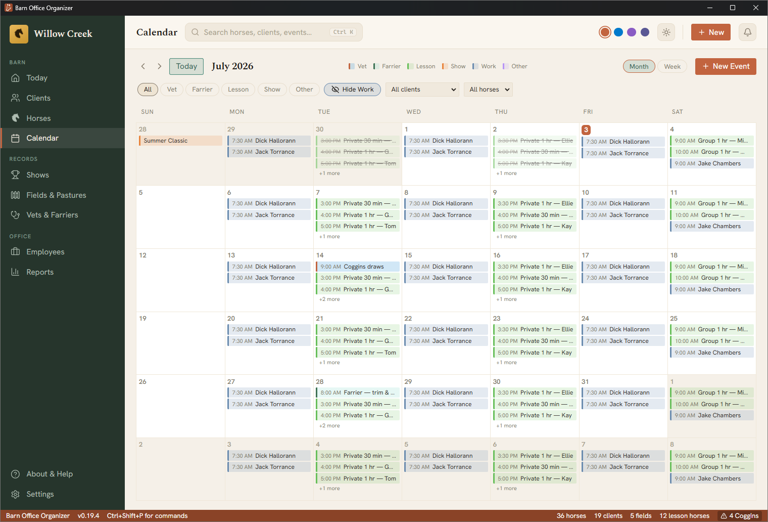 A monthly calendar with lessons, vet, farrier, and work events color-coded
