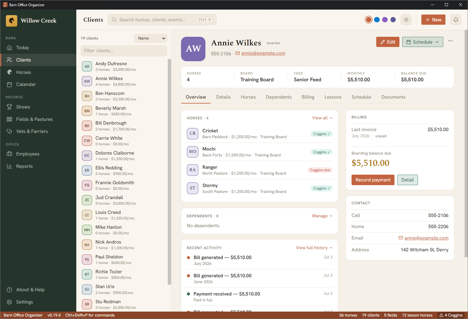 A client record showing their horses, billing balance, and contact details