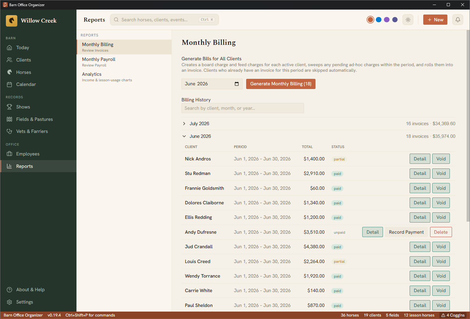 Monthly billing report listing client invoices with totals and paid or unpaid status