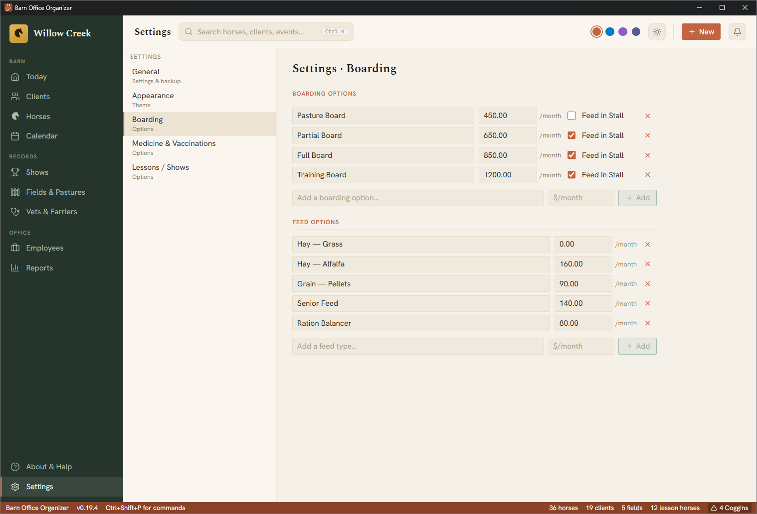 The boarding and feed settings screen, where you set your own board levels and feed prices
