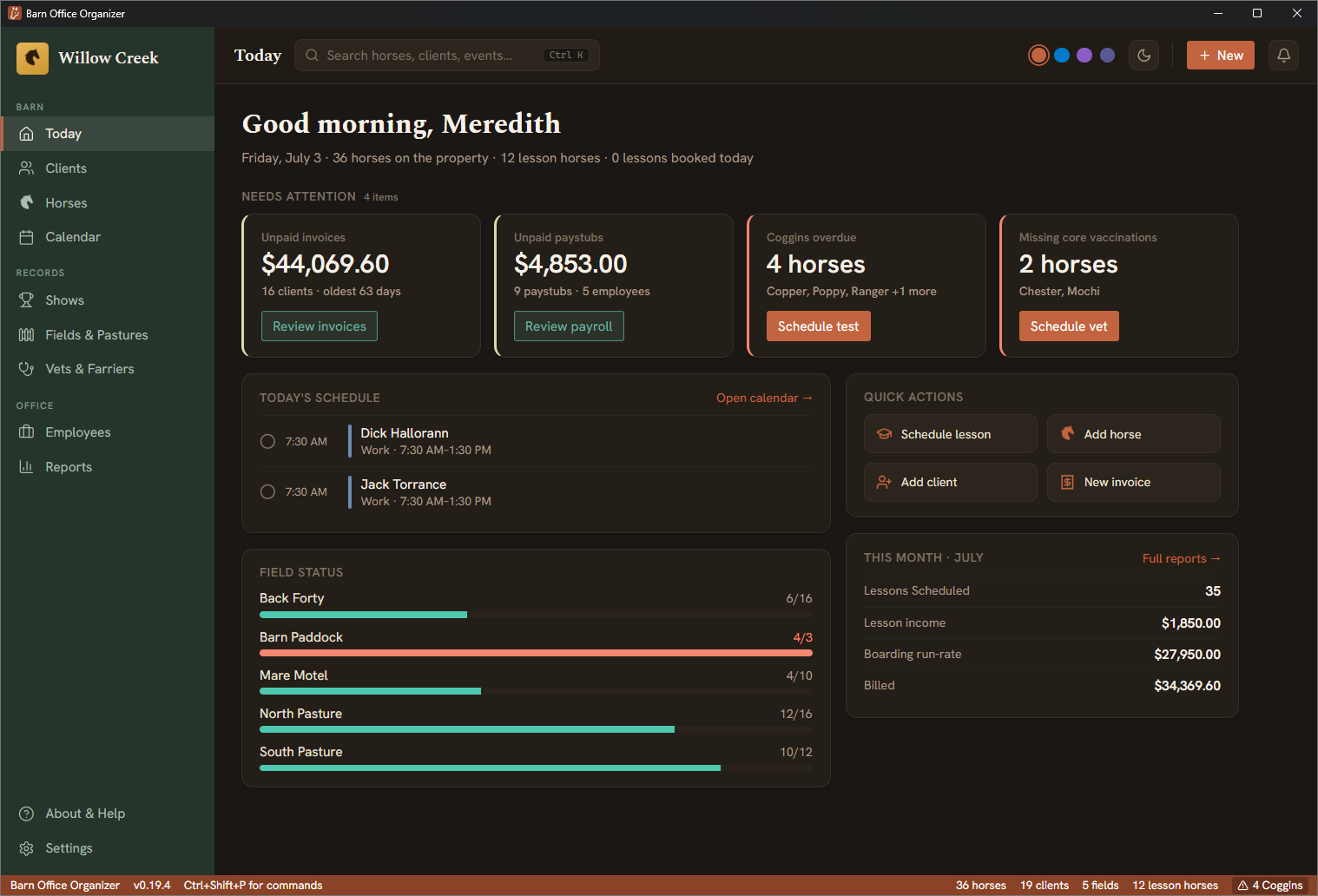 The exact same Today dashboard in dark mode — dark background with the same layout and information
