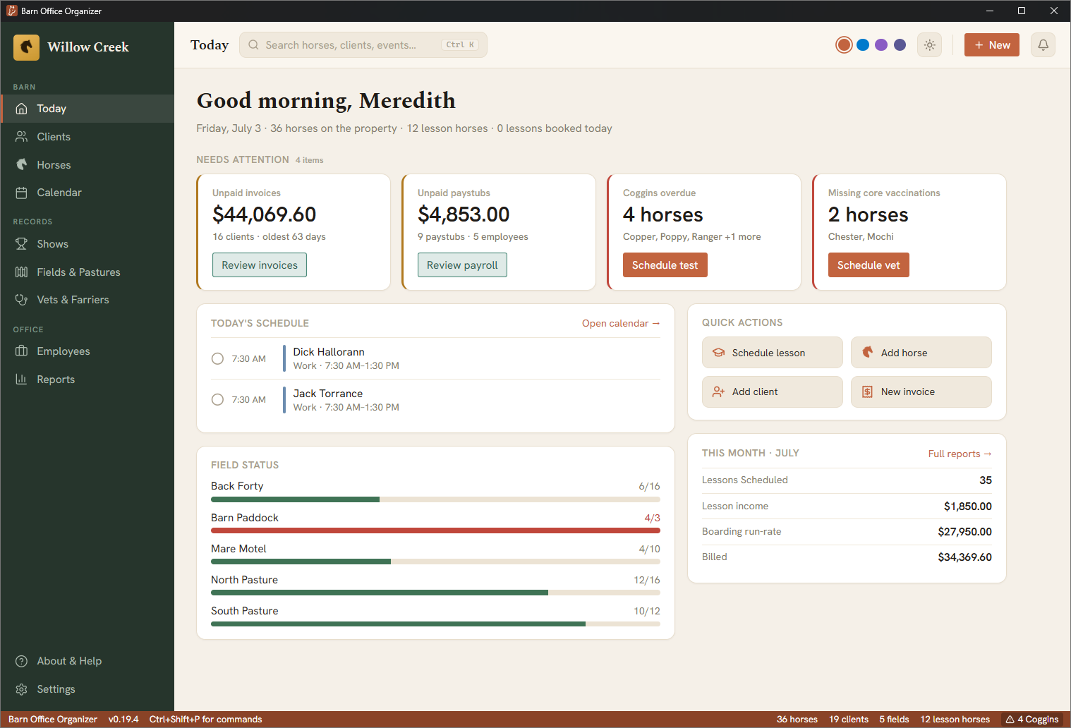 Barn Office Organizer dashboard — unpaid invoices, today's schedule, field status, and this month's numbers at a glance